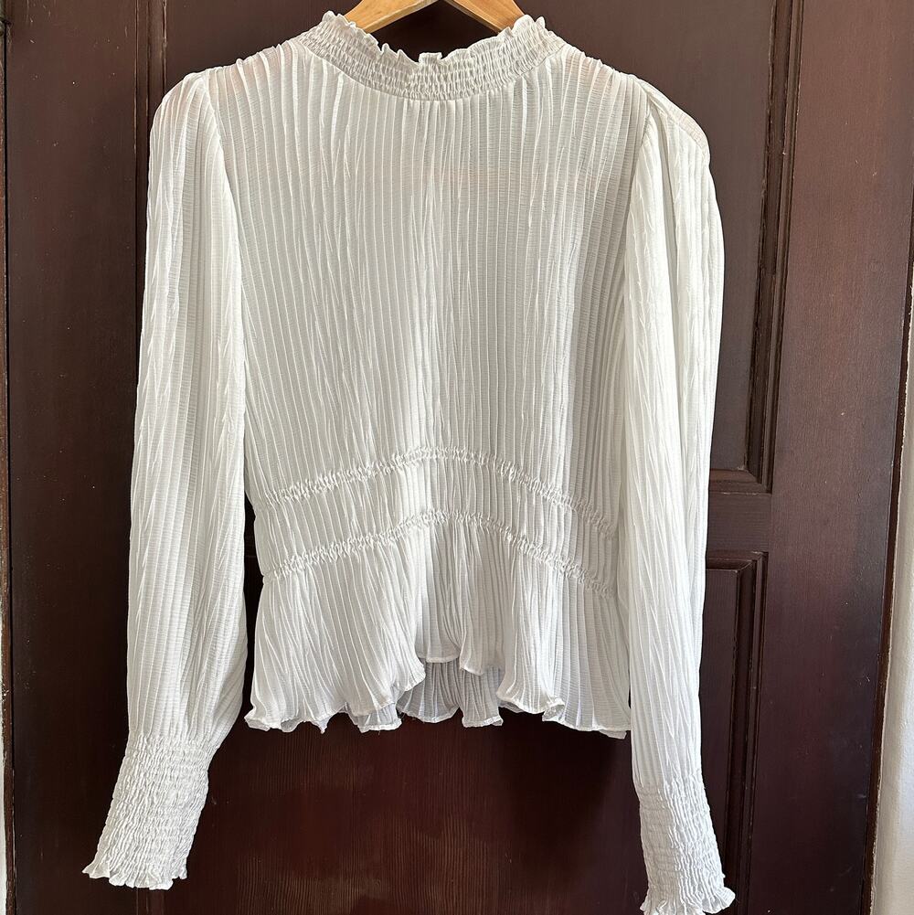 ZARA | White High Neck Plisse Pleated Smocked Blouse | Size Medium